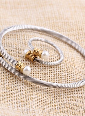 新款厂家 304不锈钢简约镶珍珠可调节手镯电缆线双色时尚钛钢手镯