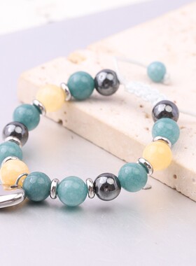 新款跨境亚马逊天然绿东陵黄玉黑胆石不锈钢爱心儿童可调节刻字手