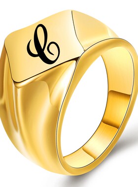 新款欧美不锈钢18MM简约个性棱形光面26英文首字母18K金铸造戒指