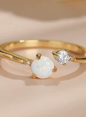 新款跨境 玫瑰金白澳宝镶钻三爪5MM圆澳宝开口戒指女时尚百搭