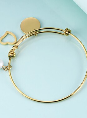 新款欧美热卖时尚钛钢18K金圆片吊坠百搭手镯爱心不锈钢手镯激光L