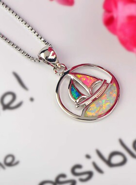 新款 项链女欧美蓝色澳宝帆船项链小船吊坠毛衣链欧珀项链