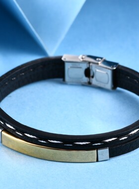 新款厂家 欧美简约皮革长条不锈钢双层手镯 可刻字激光Logo女