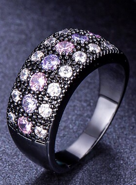 新款跨境shein热卖黑金粉紫间隔镶满钻戒指女百搭霸气高级感指环