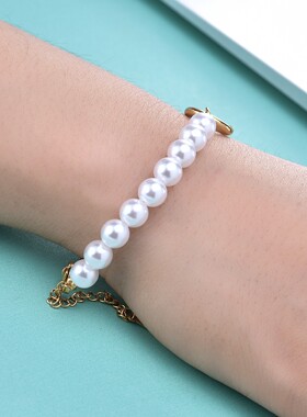 新款厂家 欧美跨境ins气质简约仿珍珠别针链圆环钛钢百搭手链