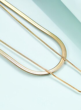 新款欧美ins百搭双层复古蛇链项链时尚潮流扁蛇链18K镀金不锈钢项
