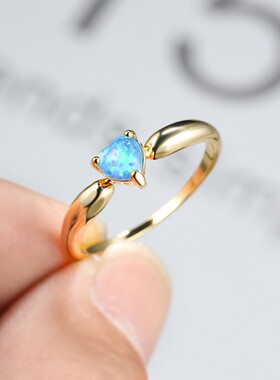 新款欧美跨境饰品ins金色爱心蓝澳宝戒指女时尚简约冷淡风食指戒