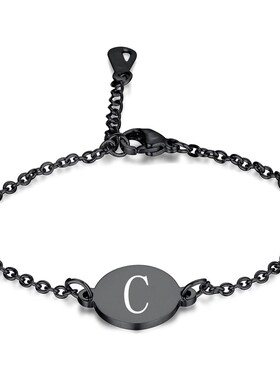 新款黑色19MM圆形不锈钢26个英文字母手链 钛钢刻字母百搭女热卖