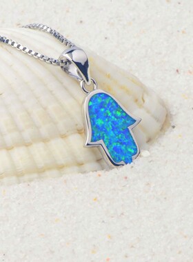 新款 ins风 爆款蓝色澳宝手掌项链饰品镶进口欧泊