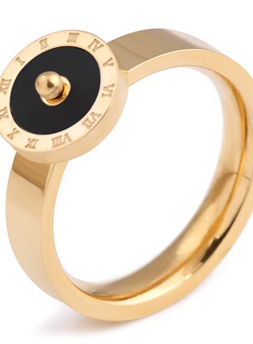 新款欧美复古10mm简约个性太阳罗盘罗马数字滴油黑白不锈钢戒指女