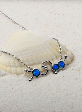 新款 ins风 爆款蓝色澳宝多巴胺分子项链吊坠饰品镶进口欧泊