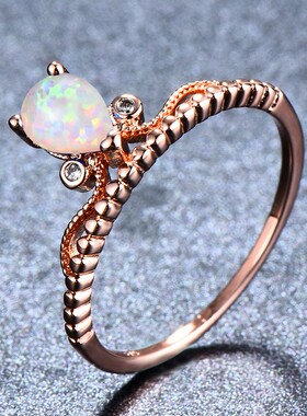 新款跨境时尚玫瑰金白紫蓝色澳宝水滴形戒指女式气质百搭戒指