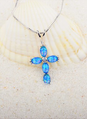 新款 亚马逊 ins风 蓝色澳宝十字架吊坠澳宝项链饰品镶进口欧泊