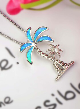 新款Opal澳宝女款时尚夏季海洋系列锁骨链蓝色椰树吊坠澳宝项链