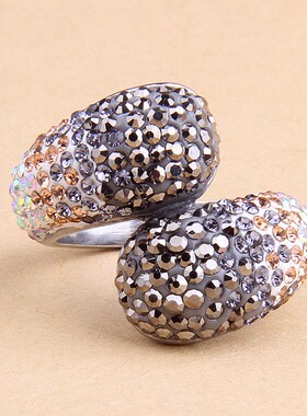 新款欧美简约个性夸张戒指创意双层渐变色不锈钢戒指双圆镶钻多彩