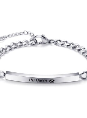 新款Her KingHis Queen皇冠幸运标语7MM光面不锈钢情侣个性手链女