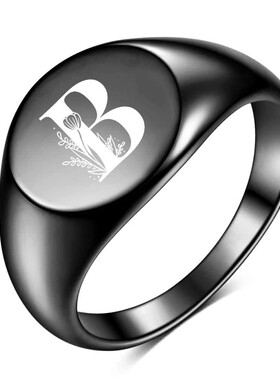 新款厂家 不锈钢12MM黑色椭圆指环简约26英文字母玫瑰花铸造戒指