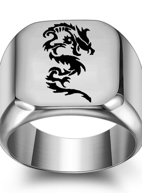 新款国潮复古朋克不锈钢霸气时尚五爪龙形18MM方形光面男戒指热卖