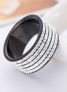 新款欧美跨境亚马逊简约ins12MM时尚5排镶钻不锈钢戒指钛钢 厂家