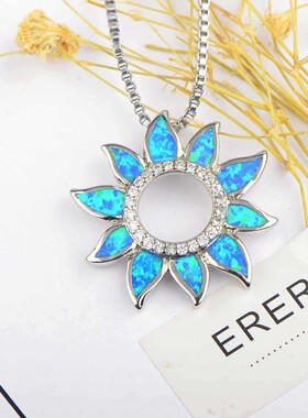 新款Opal澳宝女太阳花吊坠澳宝向日葵项链时尚彩宝饰品镶进口欧泊