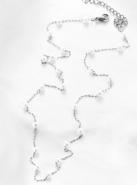 新款欧美跨境18K金仿珍珠别针链项链锁骨链简约百搭多珍珠毛衣链