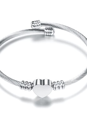 新款欧美跨境热卖三色不锈钢光面爱心电缆线钛钢开口简约时尚手镯