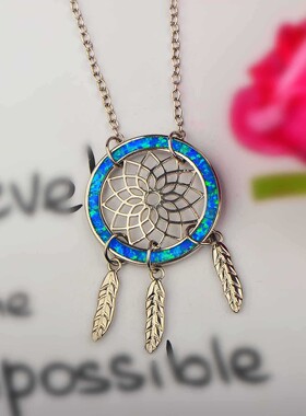 新款项链女欧美时尚饰品蓝色澳宝捕梦网项链圆形吊坠毛衣链欧珀