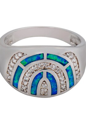 新款跨境网红简约ins风蓝色澳宝半圆形精致时尚戒指