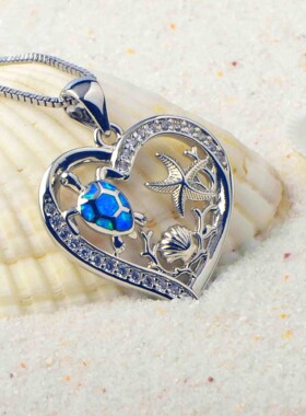 新款 ins风 爆款蓝色合成澳宝乌龟爱心项链吊坠饰品镶进口欧泊