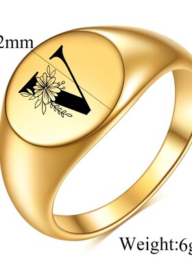 新款欧美不锈钢12MM简约个性26英文字母玫瑰花字体18K金铸造戒指