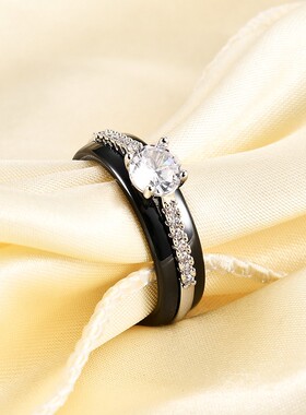 新款欧美跨境6MM热卖微镶锆石黑白陶瓷戒指时尚个性百搭饰品