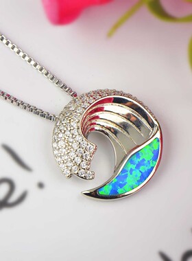 新款亚马逊爆款ins风夏威夷蓝色澳宝波浪项链海浪吊坠毛衣链欧珀