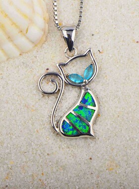 新款 ins风  爆款澳宝蓝色小猫咪项链小猫吊坠饰品镶进口欧泊