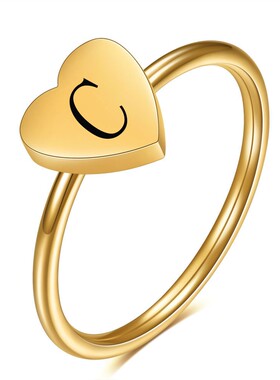 新款欧美跨境简约爱心18K金戒指时尚26字母不锈钢桃心指环女