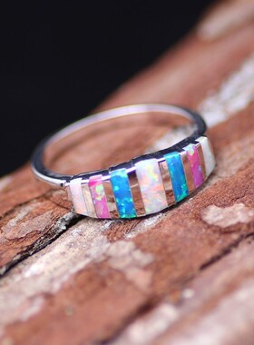 新款亚马逊爆款七彩虹白色蓝色粉红色拼色澳宝戒指欧珀戒指