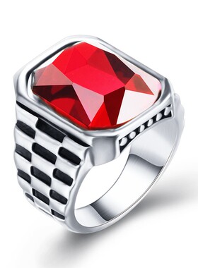 新款欧美复古宫廷潮流戒指19MM镶红宝石扳指不锈钢钛钢戒指指环女