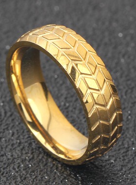 新款欧美跨境个性简约6MM18K金黑不锈钢潮流轮胎戒指指环钛钢戒指