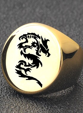 新款国潮水墨风ins 个性龙形简约22MM圆形男士戒指复古时尚潮人男