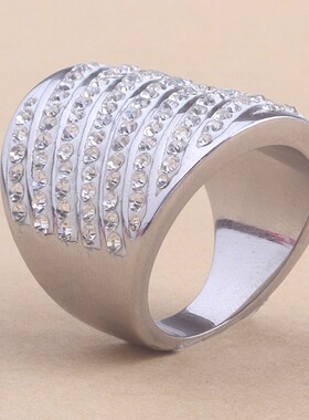新款时尚欧美夸张9排斜面不锈钢钻戒指水晶304钛钢简约戒指女