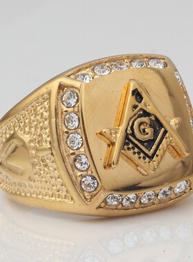 新款欧美亚马逊个性19MM方形共济会Logo滴油几何四边镶钻个性时尚