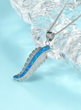 新款 ins风 爆款澳宝蓝色羽毛项链吊坠饰品镶进口欧泊