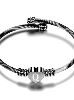 新款欧美亚马逊热卖枪黑26字母创意不锈钢编织电缆线钛钢桃心女性