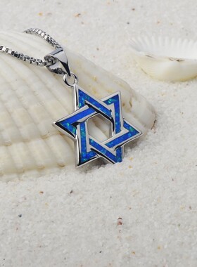 新款 ins风 爆款蓝色澳宝六芒星项链饰品镶进口欧泊