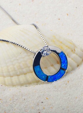 新款 ins风 爆款蓝色澳宝圆形项链饰品镶进口欧泊