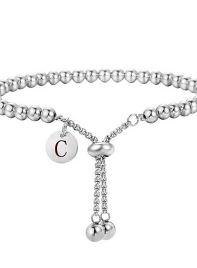 新款欧美ins不锈钢简约时尚4MM圆珠26字母圆形光面吊牌可调节手链