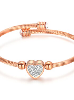 新款亚马逊热卖欧美简约钛钢爱心镶钻电缆线女士开口调节手镯