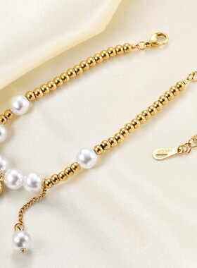 新款厂家欧美简约百搭光面爱心拼接仿珍珠圆珠手链可激光Logo