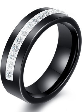 新款欧美跨境热卖陶瓷戒指黑白6MM个性单排镶钻陶泥戒指简约学生