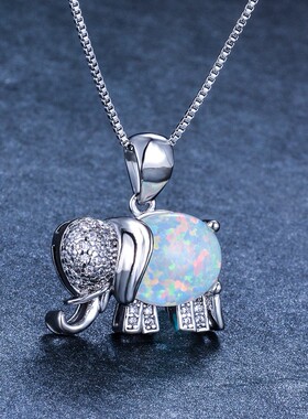 新款跨境S925蓝白色澳宝大象吊坠项链 40+5CM百搭锁骨链