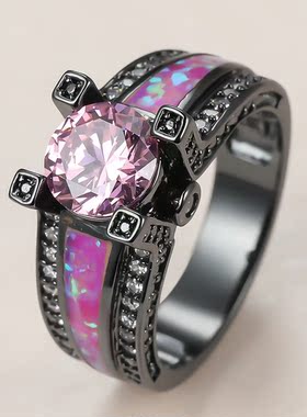 新款欧美亚马逊ins风黑金玫红色澳宝粉色圆钻戒指女式百搭指环